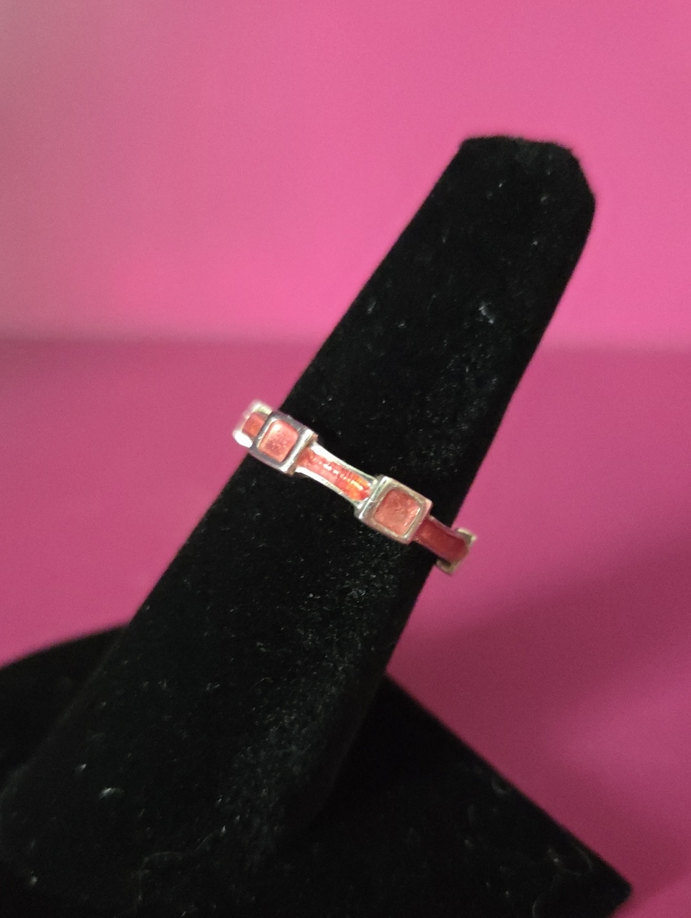 Vintage Sterling Silver & Pink Enamel Lattice Band Ring Size 6.5
